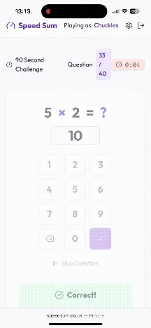 A SpeedSum 90 Second Challenge in progress: an arithmetic question, an on-screen keypad, the question counter and a countdown timer.